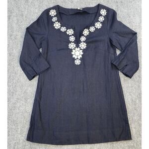 J Crew Top Womens 0 Blue Navy Linen Embroider Sequin Pullover Boho Coastal Y2K
